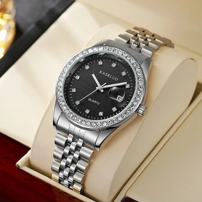 Watch for Men with Diamond Inlay, Couple's Steel Band, Calendar, Student, Adult, Fully Automatic Quartz Watch, Metal Scale, Large Dial — feature 9