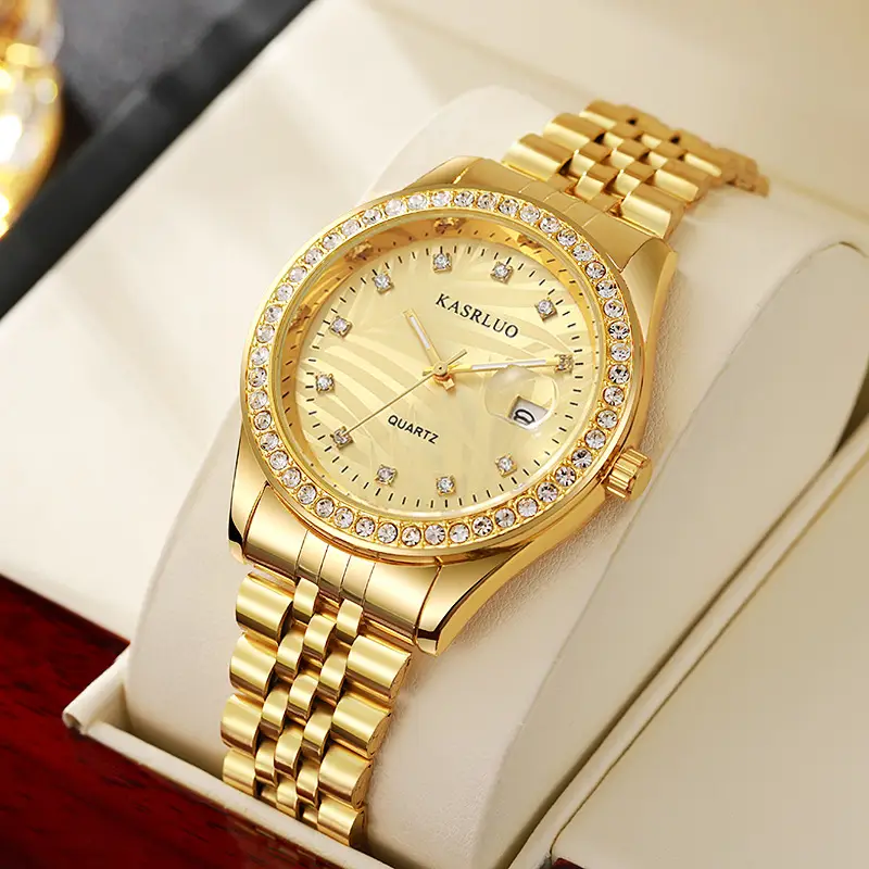 Watch for Men with Diamond Inlay, Couple's Steel Band, Calendar, Student, Adult, Fully Automatic Quartz Watch, Metal Scale, Large Dial