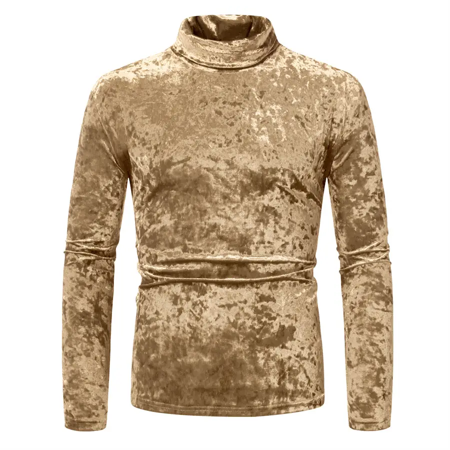 Men Velvet T-Shirt Gold Velvet High Collar Long Sleeve - Image 8