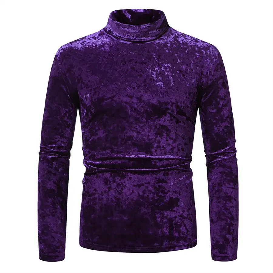 Men Velvet T-Shirt Gold Velvet High Collar Long Sleeve - Image 9