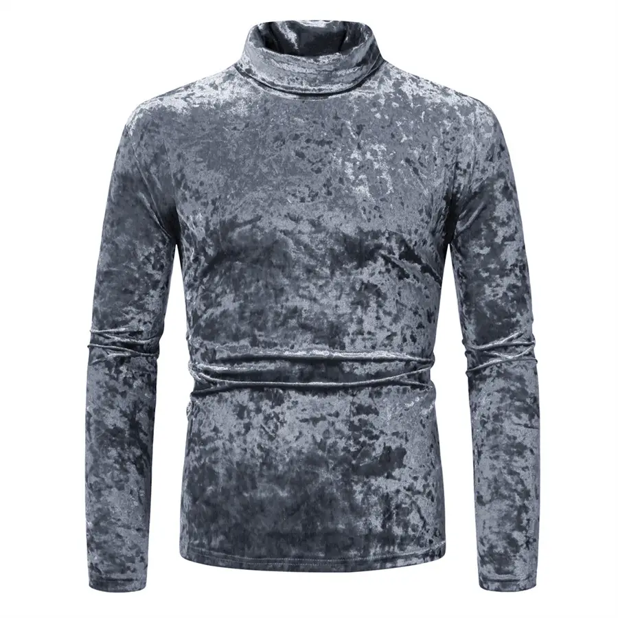 Men Velvet T-Shirt Gold Velvet High Collar Long Sleeve - Image 10