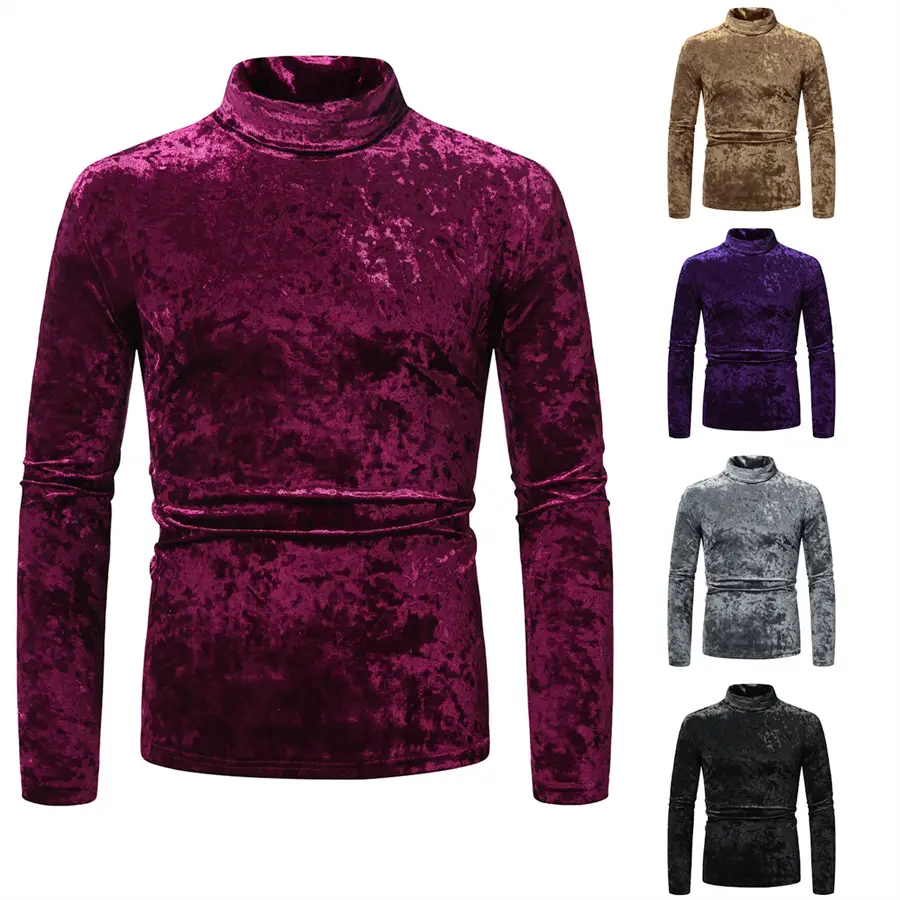 Men Velvet T-Shirt Gold Velvet High Collar Long Sleeve — feature 2