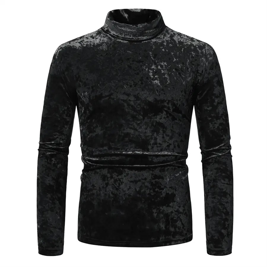 Men Velvet T-Shirt Gold Velvet High Collar Long Sleeve — feature 3