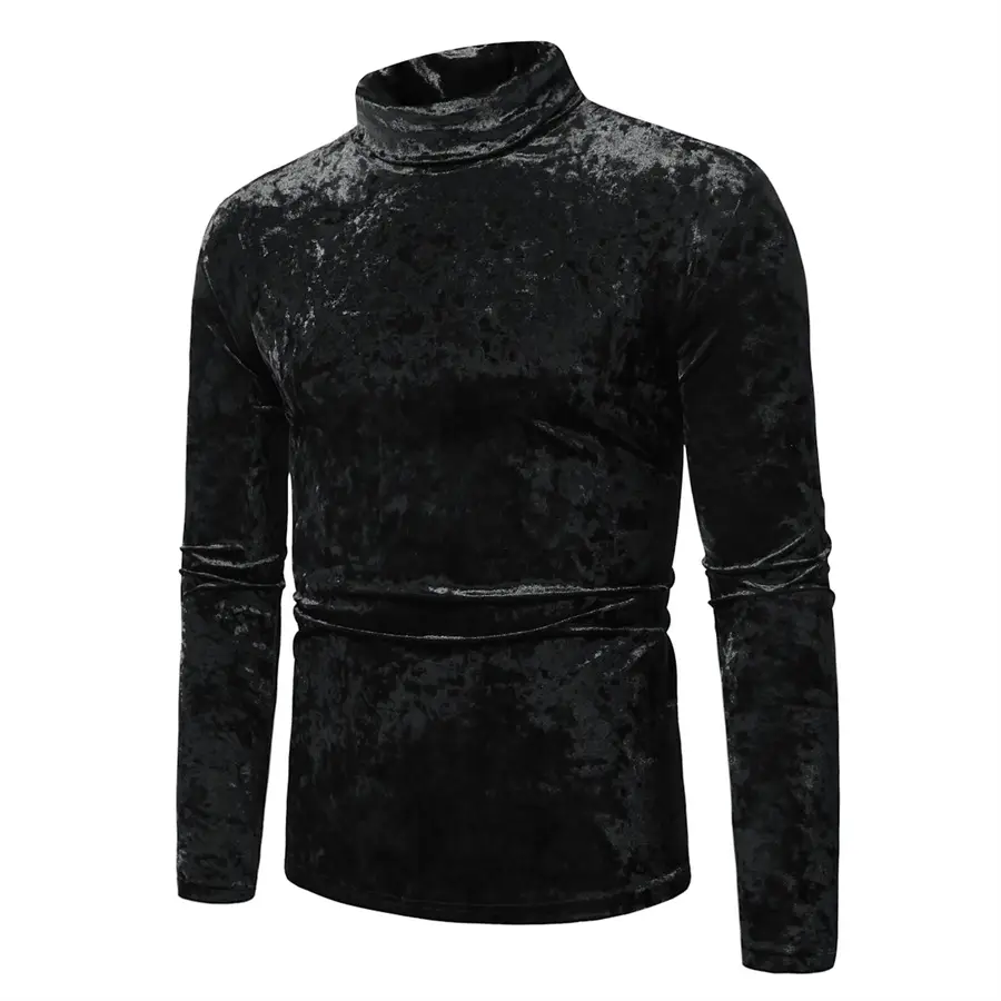 Men Velvet T-Shirt Gold Velvet High Collar Long Sleeve — feature 4