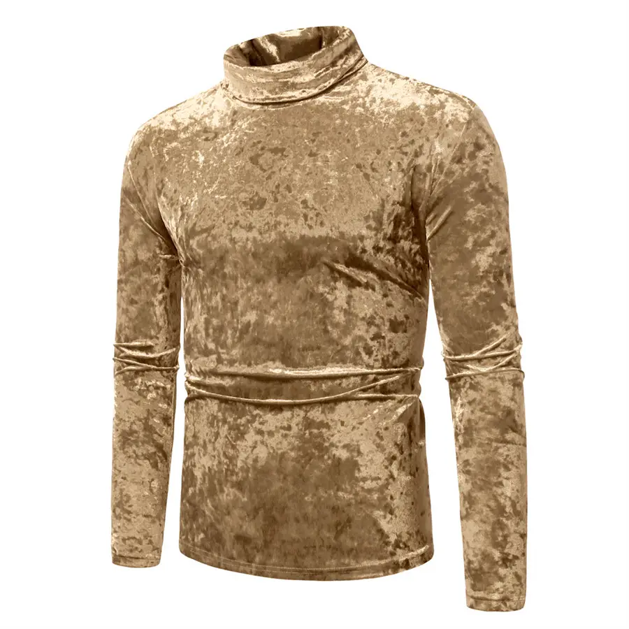 Men Velvet T-Shirt Gold Velvet High Collar Long Sleeve — feature 7