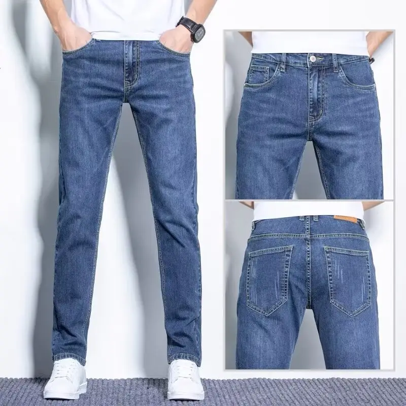 Men Stretch Straight Leg Jeans Korean Style Slim Fit - Image 6