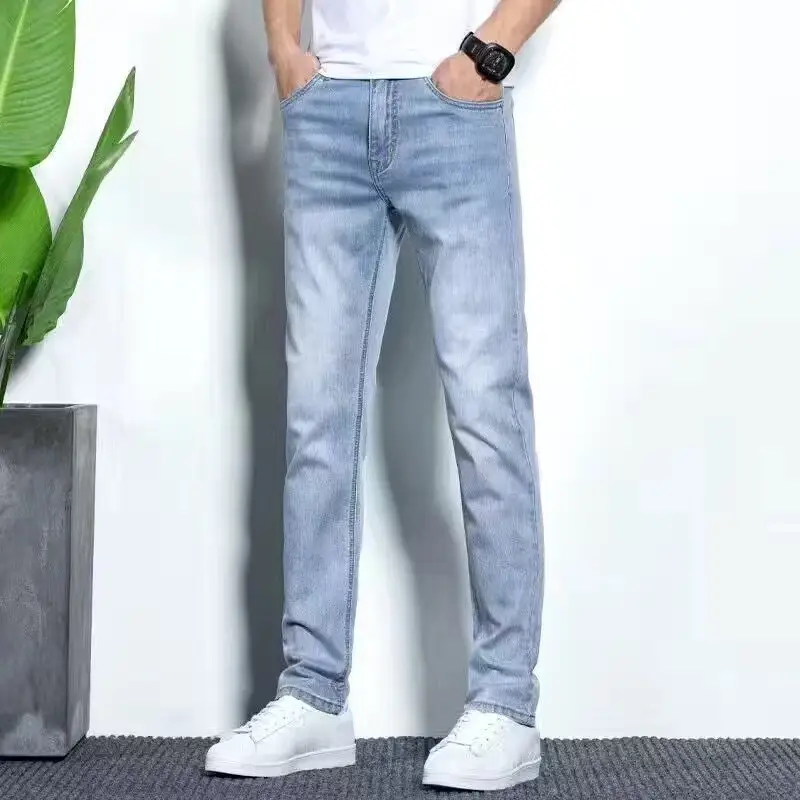 Men Stretch Straight Leg Jeans Korean Style Slim Fit - Image 3