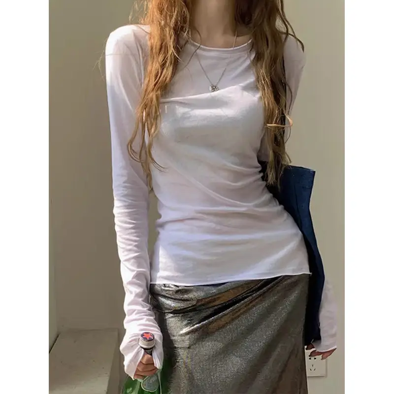 White Base Shirt for Women, Thin and Slightly See-Through Long-Sleeve T-Shirt, Sun Protection Cover-Up, Spring 2026, Slim Fit, Simple Top