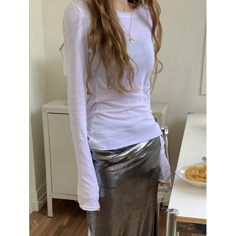 White Base Shirt for Women, Thin and Slightly See-Through Long-Sleeve T-Shirt, Sun Protection Cover-Up, Spring 2026, Slim Fit, Simple Top
