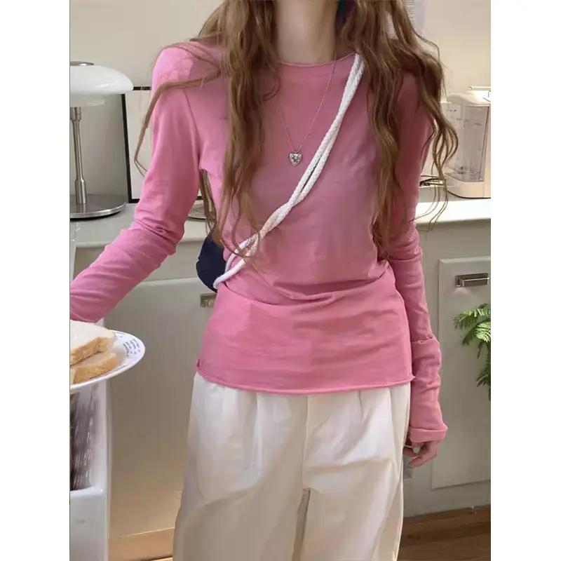 White Base Shirt for Women, Thin and Slightly See-Through Long-Sleeve T-Shirt, Sun Protection Cover-Up, Spring 2026, Slim Fit, Simple Top