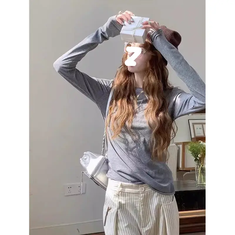 White Base Shirt for Women, Thin and Slightly See-Through Long-Sleeve T-Shirt, Sun Protection Cover-Up, Spring 2026, Slim Fit, Simple Top