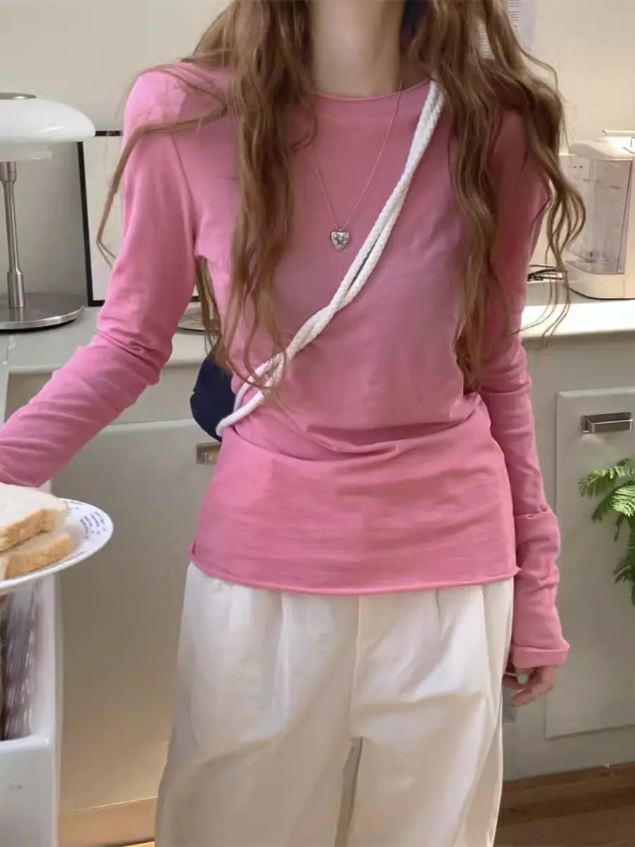 White Base Shirt for Women, Thin and Slightly See-Through Long-Sleeve T-Shirt, Sun Protection Cover-Up, Spring 2026, Slim Fit, Simple Top — feature 4