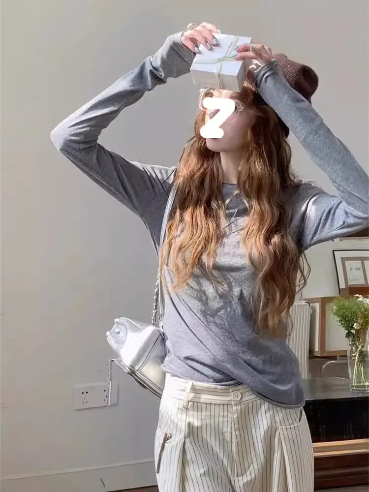 White Base Shirt for Women, Thin and Slightly See-Through Long-Sleeve T-Shirt, Sun Protection Cover-Up, Spring 2026, Slim Fit, Simple Top