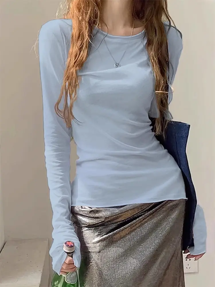White Base Shirt for Women, Thin and Slightly See-Through Long-Sleeve T-Shirt, Sun Protection Cover-Up, Spring 2026, Slim Fit, Simple Top