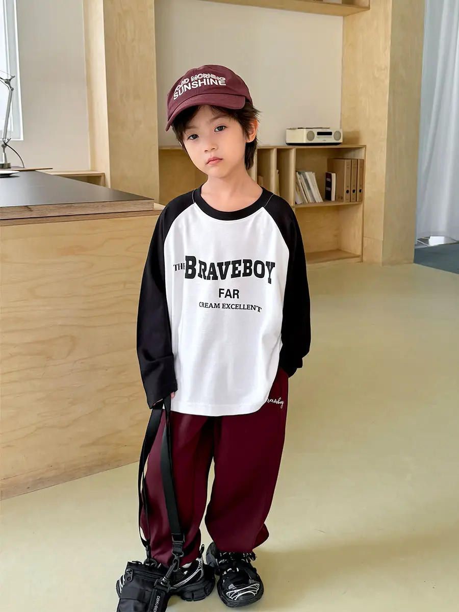 Boys Raglan Sleeve T-Shirt Red Pants Set Spring Outfit - Image 5