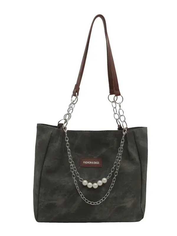 Women's Grey Leather Shoulder Bag with Pearl Accents - Image 8