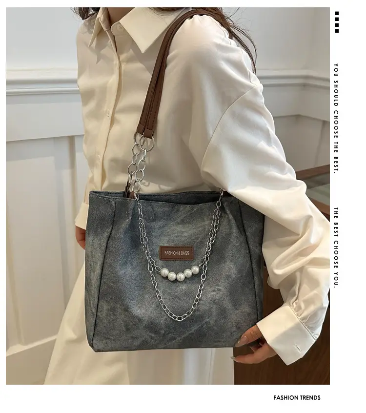 Women's Grey Leather Shoulder Bag with Pearl Accents — feature 1