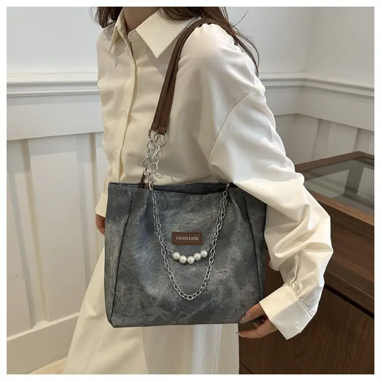 Women's Grey Leather Shoulder Bag with Pearl Accents — feature 11