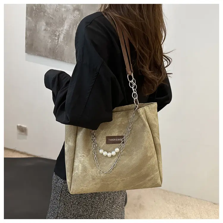 Women's Grey Leather Shoulder Bag with Pearl Accents — feature 13