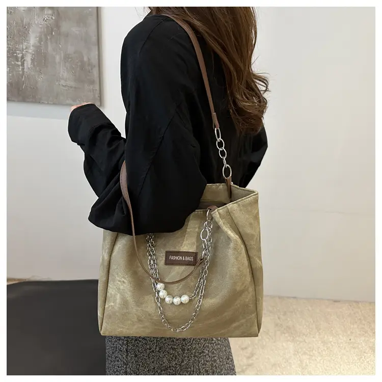 Women's Grey Leather Shoulder Bag with Pearl Accents — feature 14