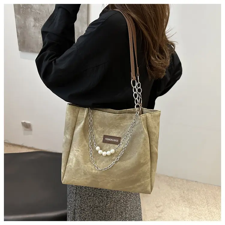 Women's Grey Leather Shoulder Bag with Pearl Accents — feature 15