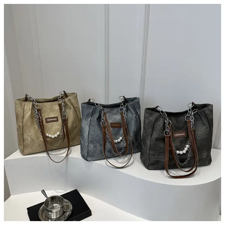 Women's Grey Leather Shoulder Bag with Pearl Accents — feature 16