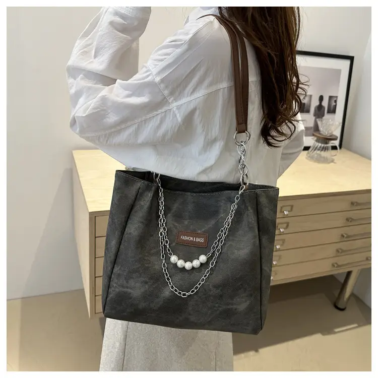 Women's Grey Leather Shoulder Bag with Pearl Accents — feature 7
