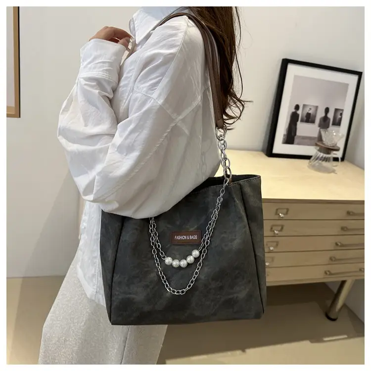 Women's Grey Leather Shoulder Bag with Pearl Accents — feature 8
