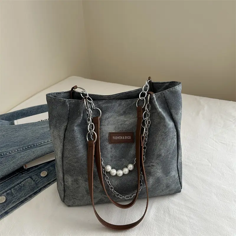 Women's Grey Leather Shoulder Bag with Pearl Accents - Image 2