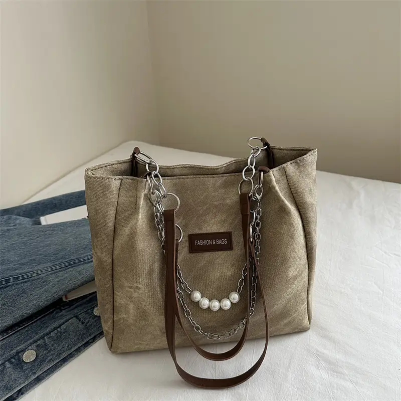 Women's Grey Leather Shoulder Bag with Pearl Accents - Image 3