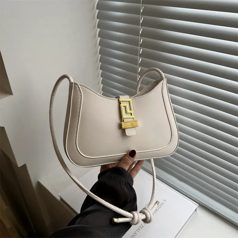 Women's Beige Underarm Bag with Gold Clasp