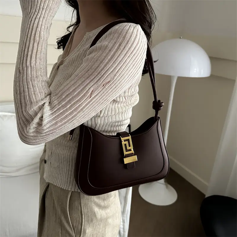 Women's Beige Underarm Bag with Gold Clasp
