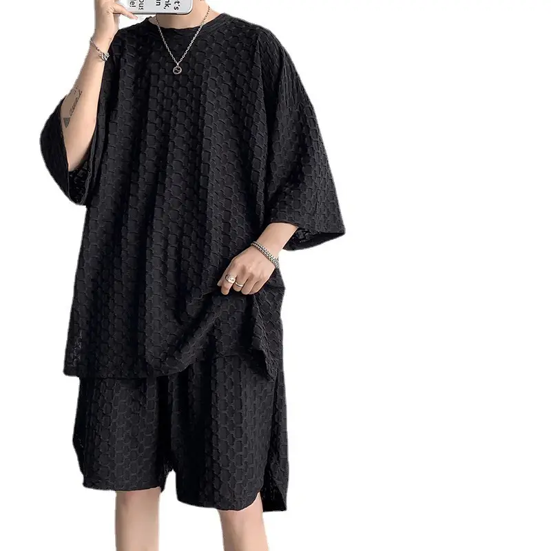 Men's Brown Waffle Shorts Set Summer Casual Loose Fit - Image 5