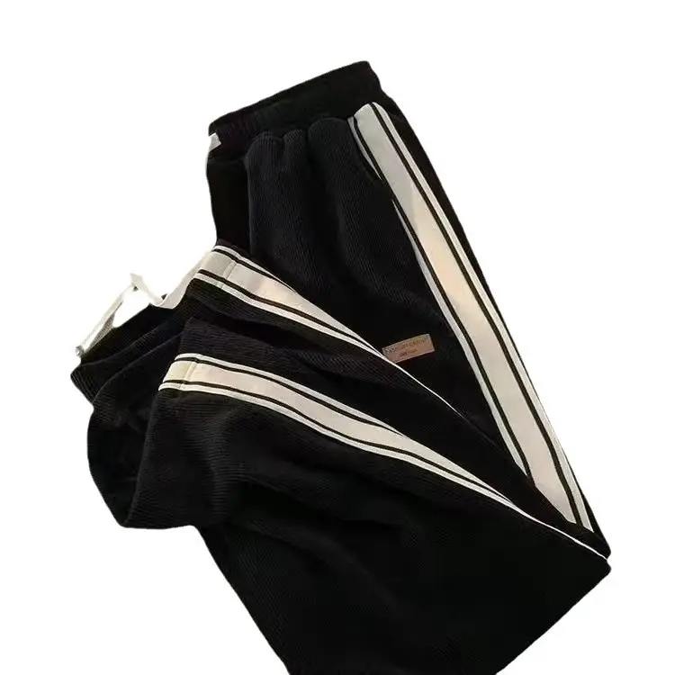 Men Black Striped Loose Pants Autumn Winter Casual
