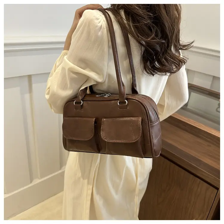 Women's Brown Leather Tote Bag with 2 Front Pockets — feature 17