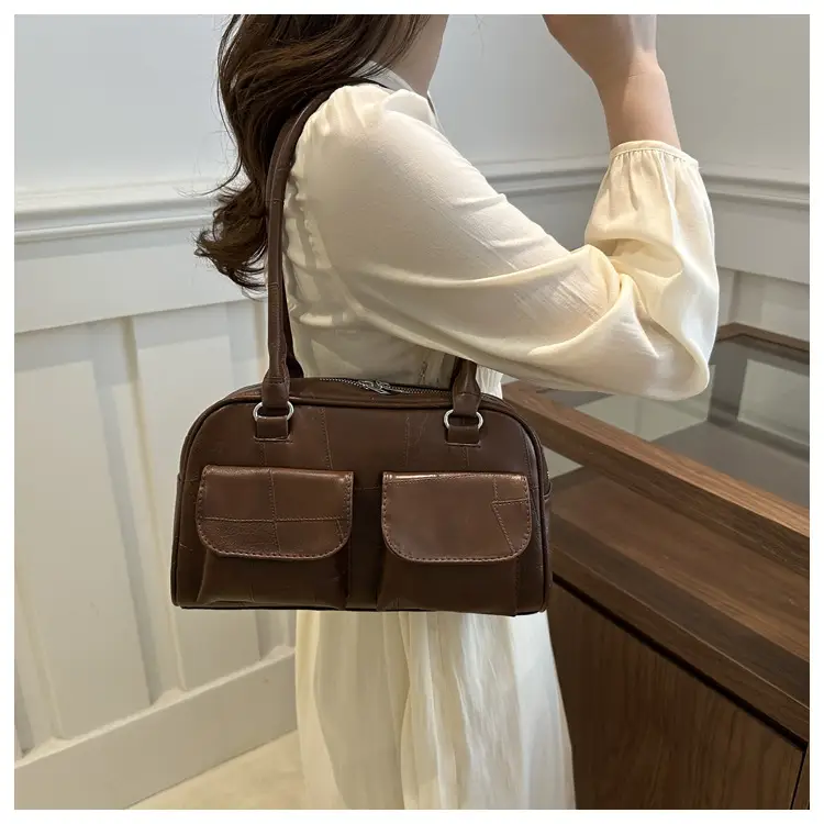 Women's Brown Leather Tote Bag with 2 Front Pockets — feature 18