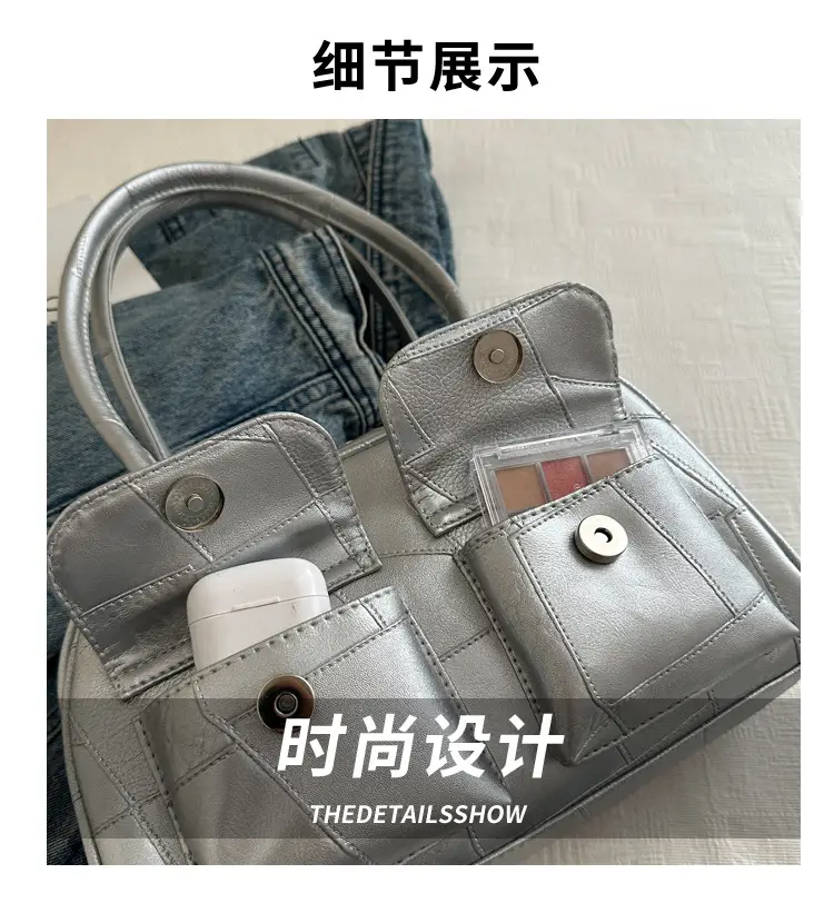 Women's Brown Leather Tote Bag with 2 Front Pockets — feature 2