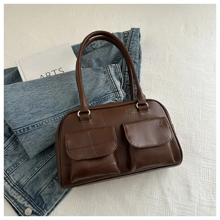 Women's Brown Leather Tote Bag with 2 Front Pockets — feature 23