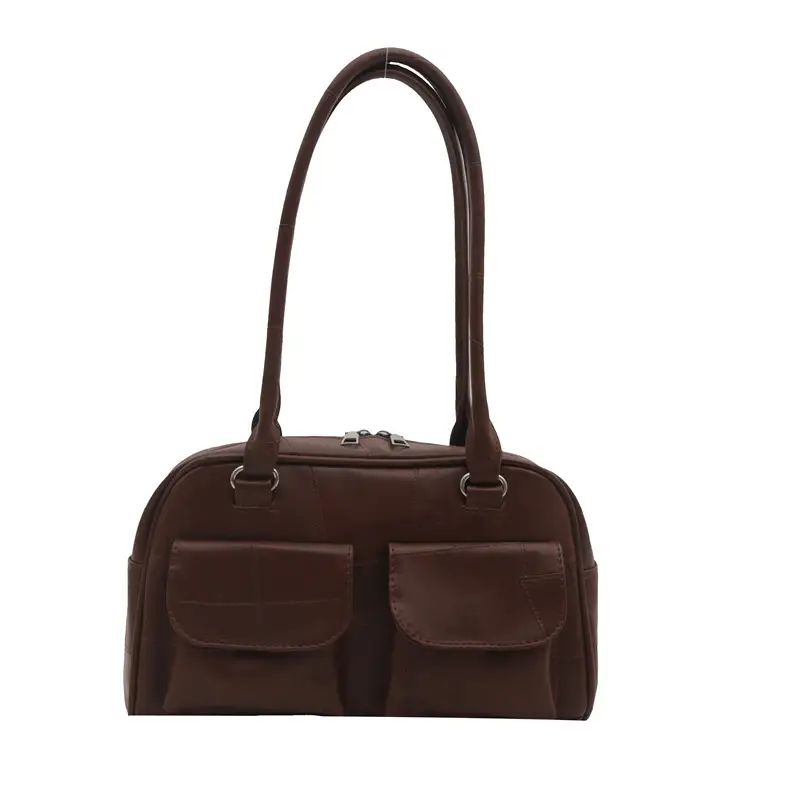Women's Brown Leather Tote Bag with 2 Front Pockets - Image 4
