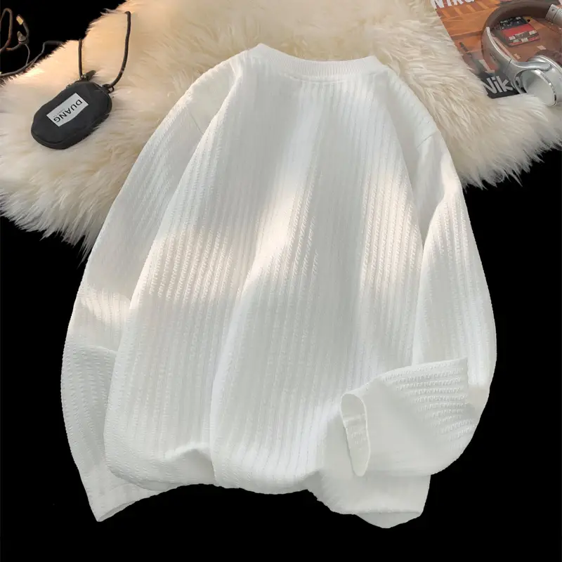 White Long Sleeve Plus Size T-Shirt with Ribbed Design - Image 6