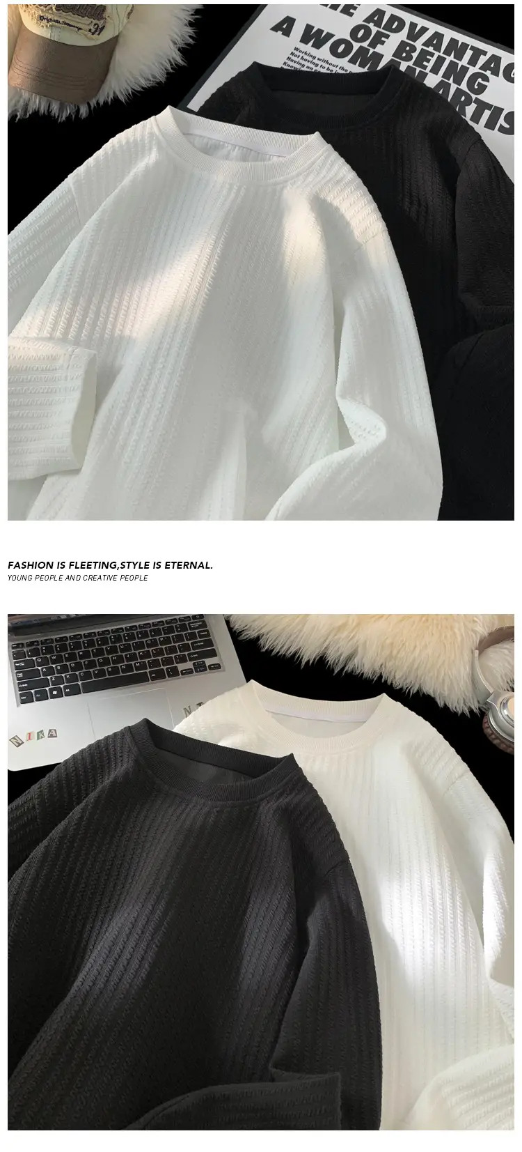 White Long Sleeve Plus Size T-Shirt with Ribbed Design — feature 3