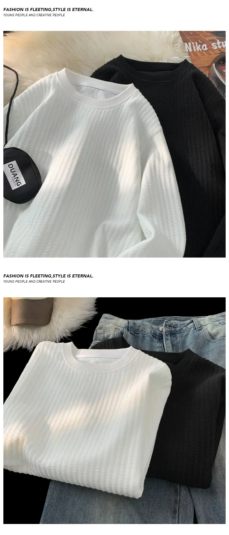 White Long Sleeve Plus Size T-Shirt with Ribbed Design — feature 4