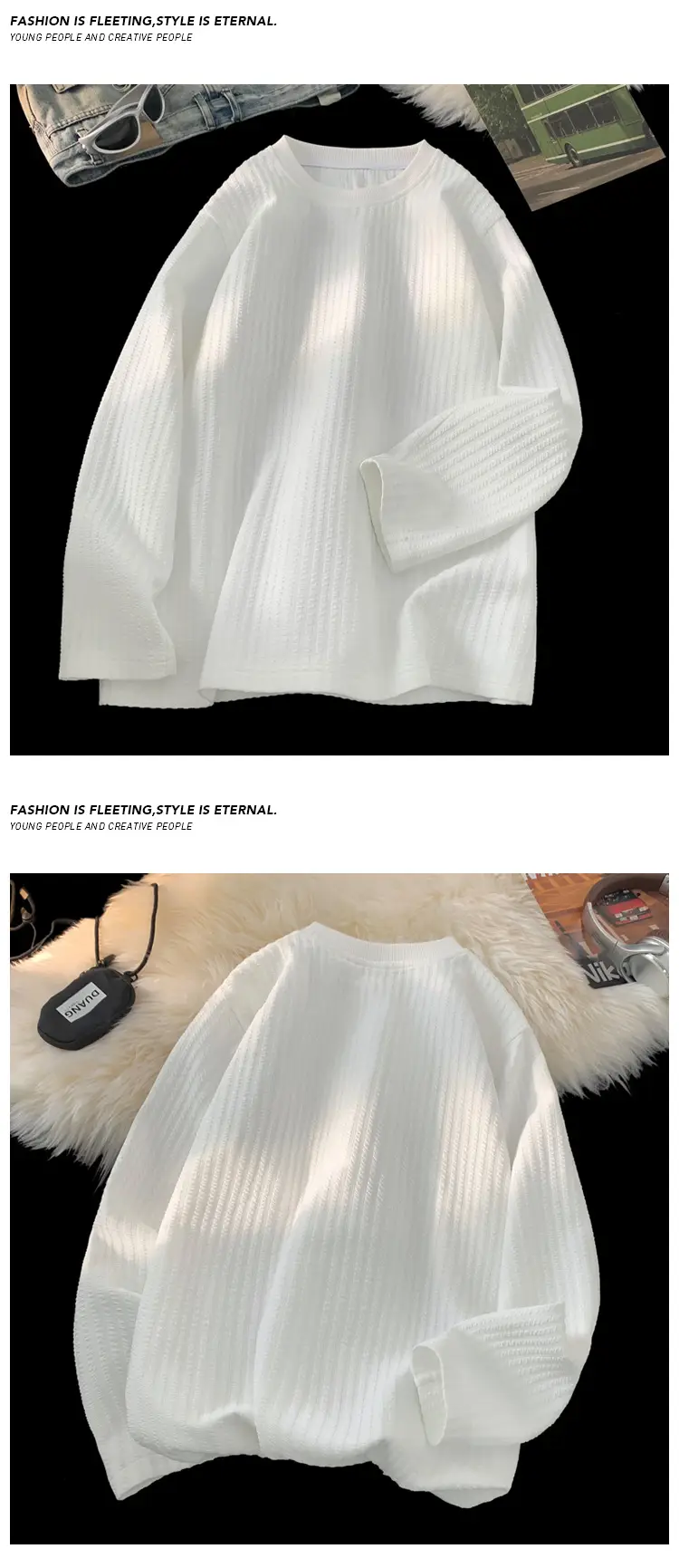 White Long Sleeve Plus Size T-Shirt with Ribbed Design — feature 6