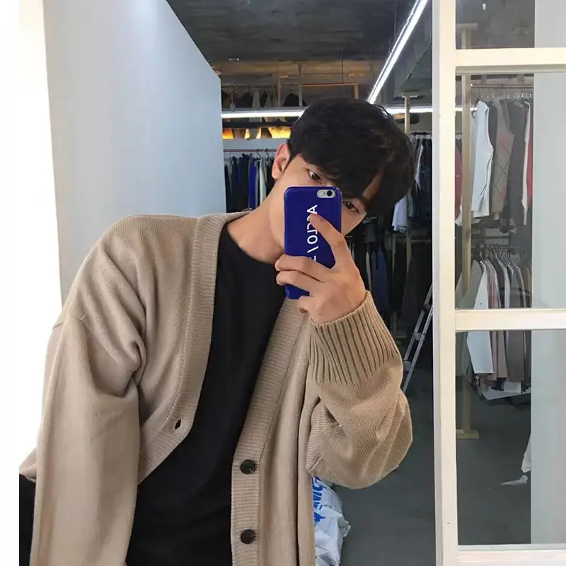 Men V-Neck Knitted Cardigan Brown 2024 Winter