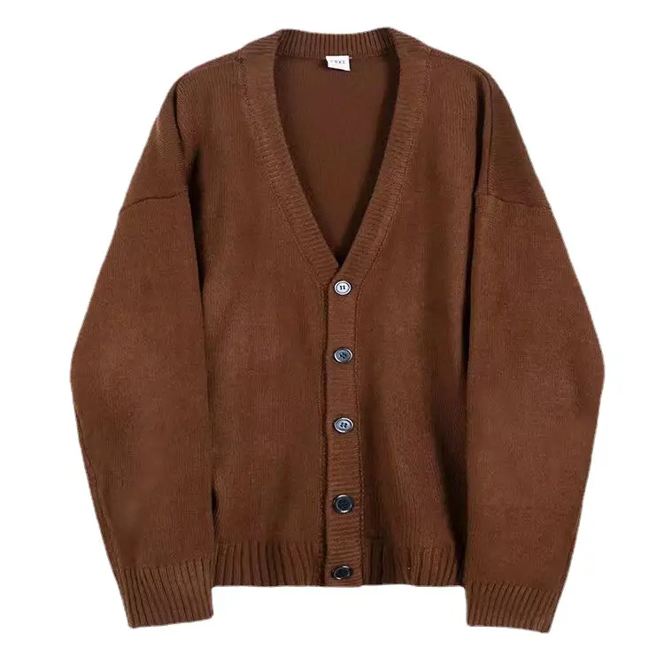 Men V-Neck Knitted Cardigan Brown 2024 Winter