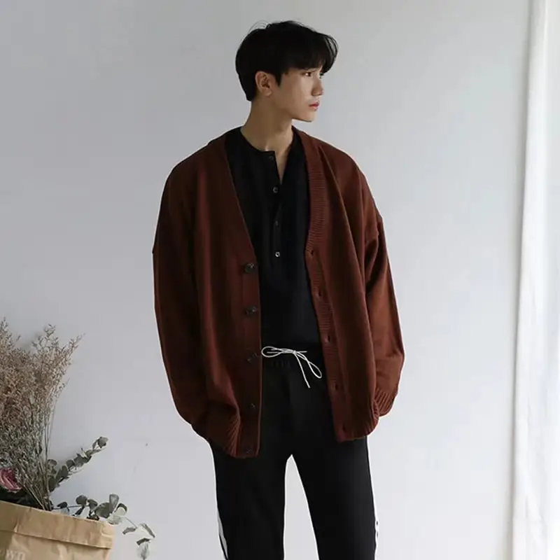 Men V-Neck Knitted Cardigan Brown 2024 Winter — feature 6
