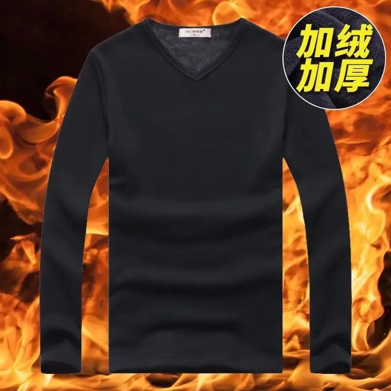 Men V-Neck Fleece Lined Long Sleeve T-Shirt Dark Gray — feature 9