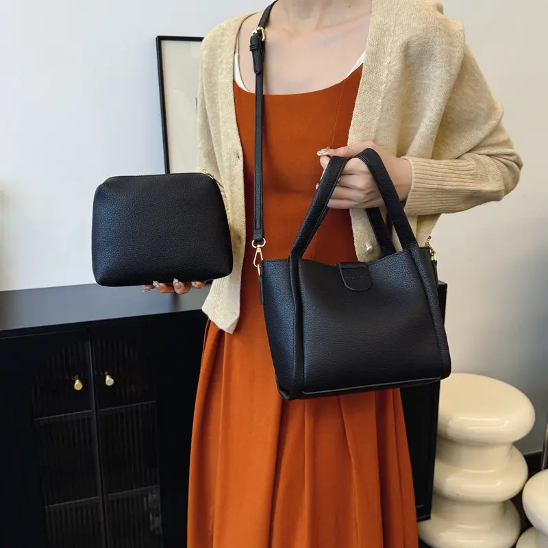 Black Leather Multi-Purpose Women's Bag Set - Image 5
