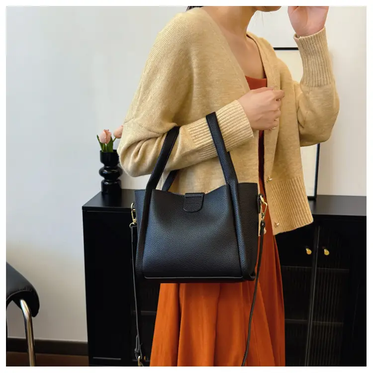 Black Leather Multi-Purpose Women's Bag Set — feature 12