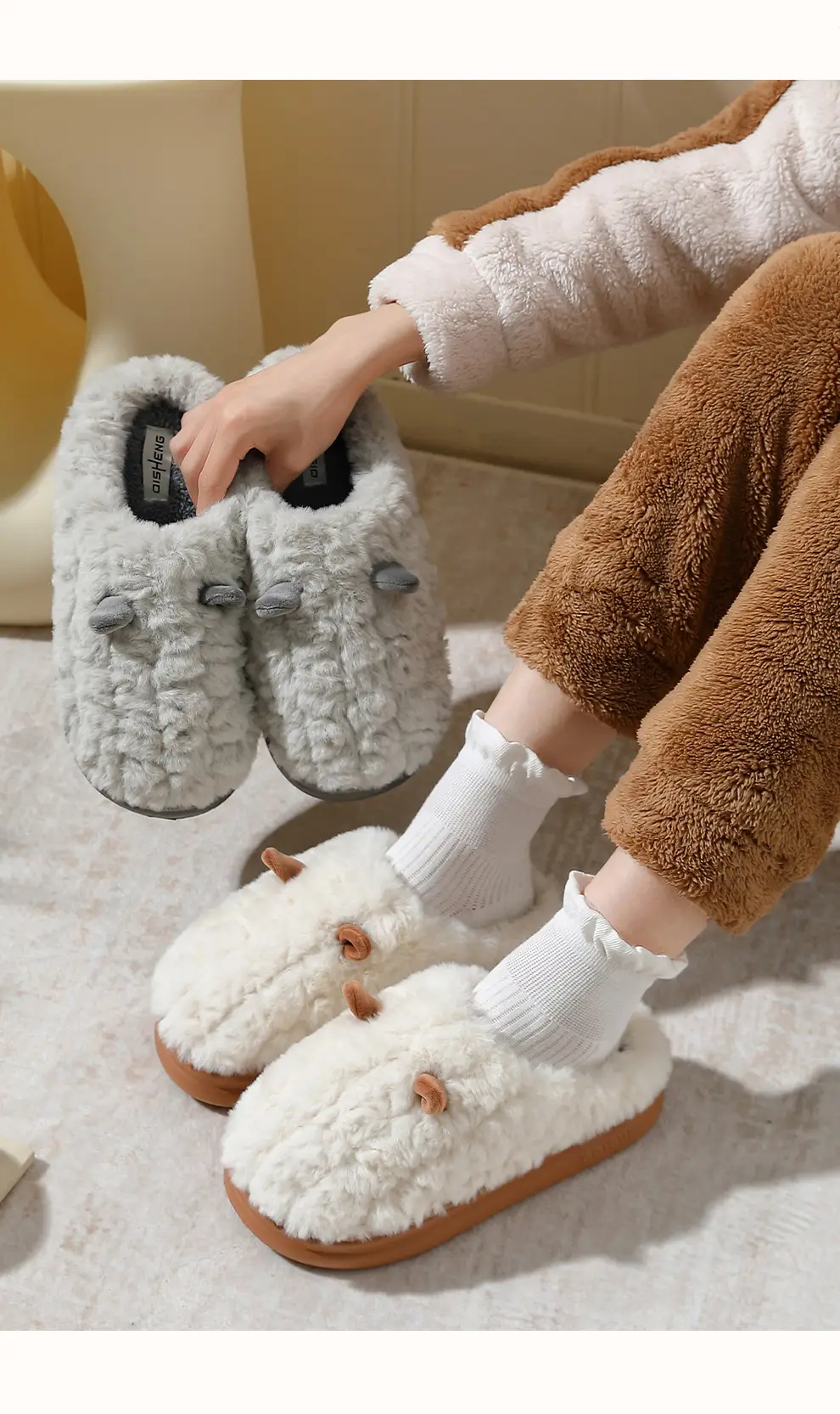 Home Cotton Slippers for Women Winter Couple Home Cartoon Cute Ears Plush Warm Furry Slippers for Men Winter Wholesale — feature 21